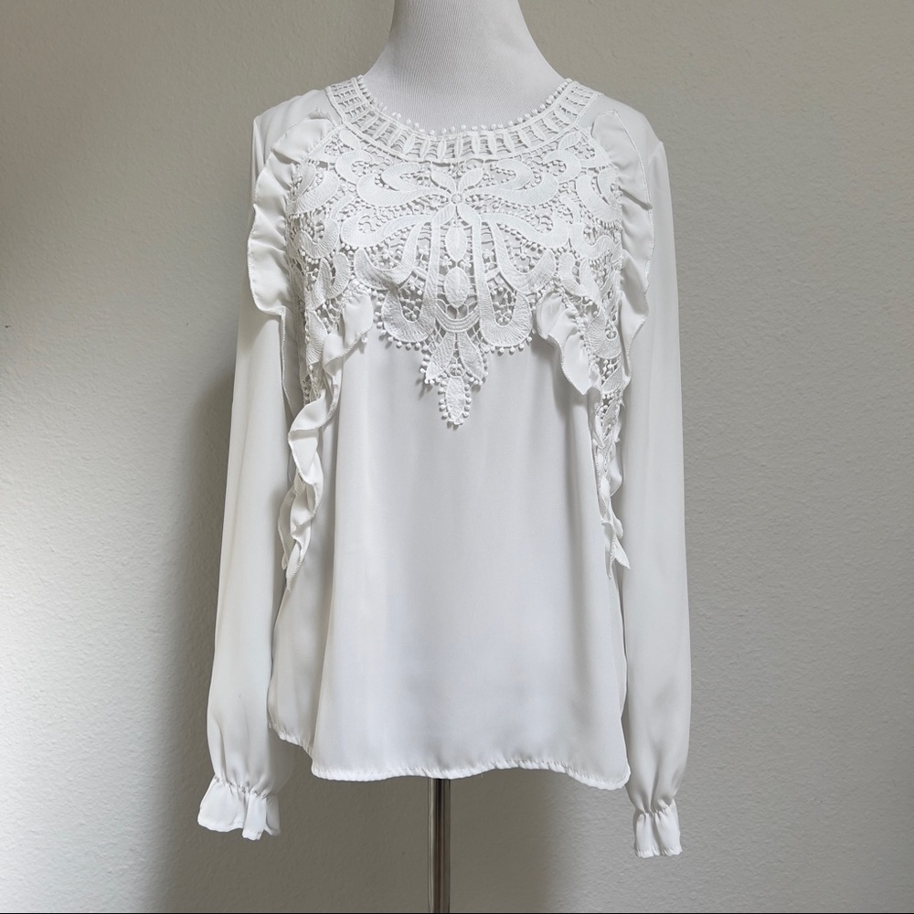Lace and chiffon long sleeve top with billowy sleeves